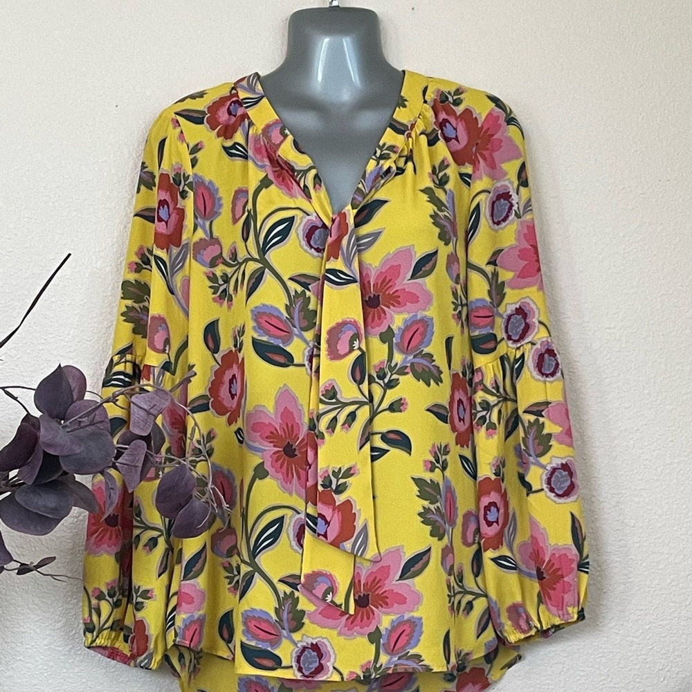 Yellow Floral Tie-Neck Blouse